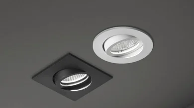 Das Bild zeigt zwei Varianten des LED-Einbauleuchtengehäuse BRUMBERG LOOP aus 100 % Recycled Ocean Plastic.